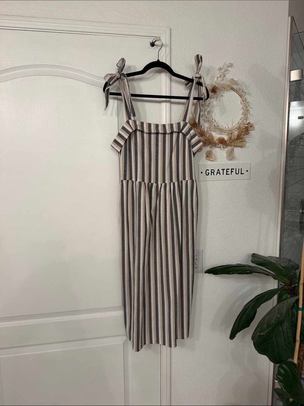 Robert Louis Striped Tie-Shoulder Midi Dress in Beige and Gray